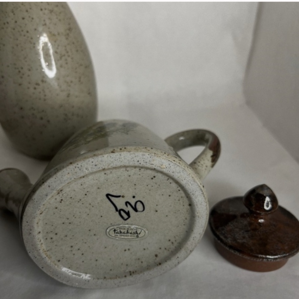 Vintage Takahashi Stoneware Gray Speckled 3 Pc Set with Blue Flowers Japan RARE - Picture 6 of 10
